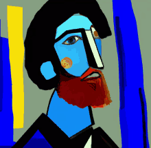 a painting of a man with a red beard and blue face