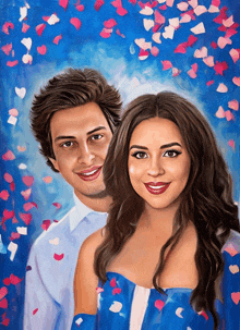 a painting of a man and a woman with confetti falling around them