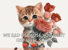 a kitten is holding a bouquet of roses with the words `` we sad because you hurt get well soon '' .