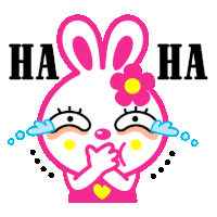 a pink bunny with a flower on her head is covering her mouth with her hands and the words " ha ha " behind her