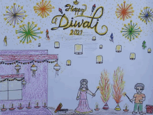 a drawing of a family celebrating diwali with fireworks and lanterns