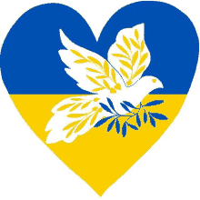 a blue and yellow heart with a white dove and leaves