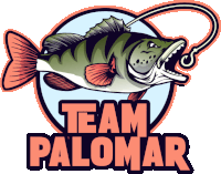 a logo for team palomar shows a fish with a hook