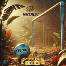 a soccer ball with sbobet written on it sits in front of a soccer goal