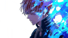 a close up of a person 's face with blue flames coming out of his head .