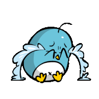 a cartoon drawing of a blue bird crying with tears running down its face