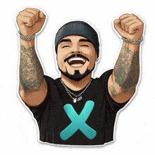 a cartoon of a man wearing a black shirt with a blue x on it