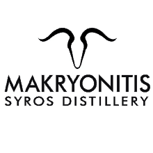 a black and white logo for a distillery called makryonitis syros distillery