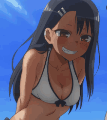 a cartoon girl in a bikini is smiling and looking at the camera