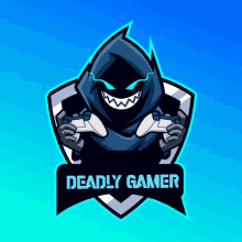 a logo for deadly gamer shows a hooded figure holding a game controller