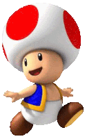 a toad with a red polka dot hat is wearing a blue and yellow vest .