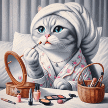 a painting of a cat wearing a robe and a towel on her head applying makeup