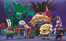 a group of cartoon characters with a sign that says halloween