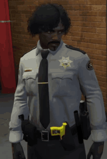 a man in a sheriff 's uniform holds a yellow gun