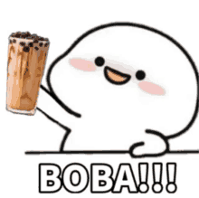 a cartoon character is holding a glass of boba tea and saying boba .