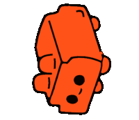 a cartoon drawing of an orange block with two black dots on it