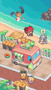 a pixel art illustration of a beach with a food truck in the foreground