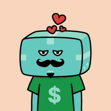 a cartoon character with a dollar sign on his shirt and hearts above his head