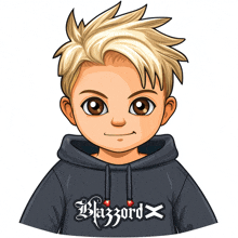 a cartoon boy wearing a black hoodie that says blazzard x