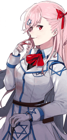 a girl with pink hair is wearing a white and blue outfit