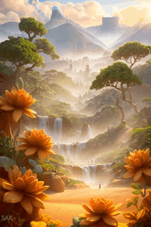 a waterfall is surrounded by flowers and trees in a painting