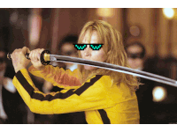 a woman in a yellow jacket is holding a sword