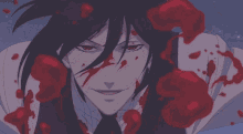 a man with blood on his face is surrounded by roses