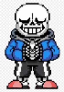 a pixel art drawing of sans from undertale standing with his eyes closed and a skeleton behind him .