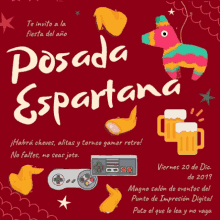 a red poster that says posada espartana with a pinata on it