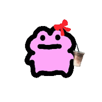 a pink frog with a red bow on its head is holding a cup of coffee .