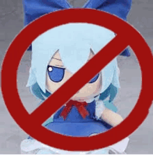 a stuffed doll with blue hair and blue eyes is sitting in front of a red circle with a cross through it .