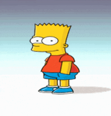 bart simpson wearing a red shirt and blue shorts is standing on a blue background