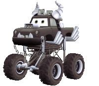 a cartoon monster truck with horns and chains