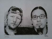 a drawing of a man with a bandana on his head and a man with glasses and a beard