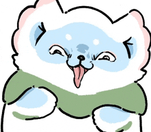 a cartoon drawing of a cat with its tongue out and a green shirt on .