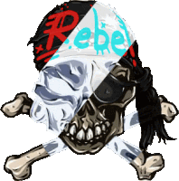 a pirate skull and crossbones with the word rebel written on it