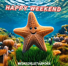 a starfish with a smile on its face is surrounded by corals and says happy weekend