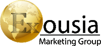 a logo for exousia marketing group with a gold globe in the middle