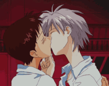 two anime characters are kissing with the letter w on their head