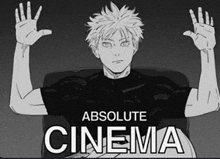 a black and white drawing of a man sitting in a chair with his hands in the air and the words absolute cinema below him