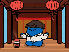 a cartoon character sits in a temple with a cup of coffee