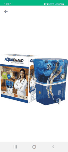 a picture of an aqua brand water purifier with a box