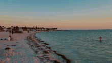 a group of people are sitting on a beach near the ocean at sunset .