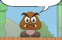 a cartoon character with a speech bubble that says ' goomba ' on it