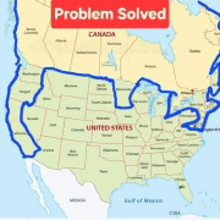 a map of the united states with a red problem solved sign