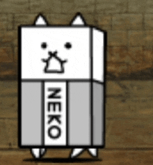 a cartoon cat is standing in front of a brick wall .