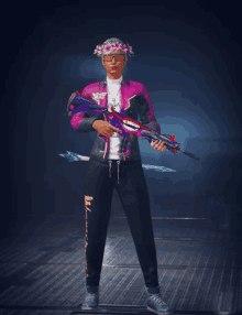 a person wearing a pink jacket and black sweatpants holding a purple weapon