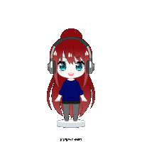 a cartoon of a girl with red hair wearing headphones and a blue shirt