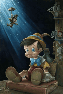 a painting of pinocchio sitting on a book with a jester flying in the background