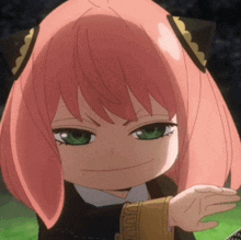 a close up of a pink haired anime girl with green eyes